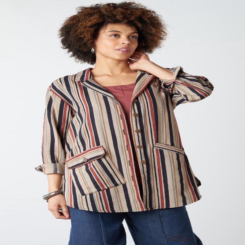 Vellore Block Print Herringbone Shirt Jacket - Cement/Multi