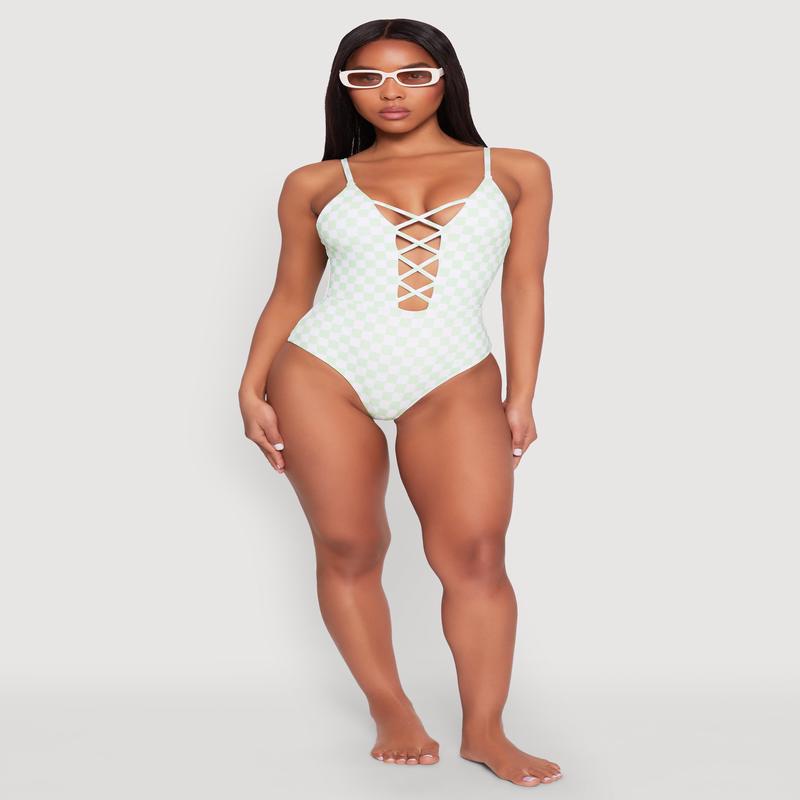 Checkered Print Caged Front One Piece Swimsuit
