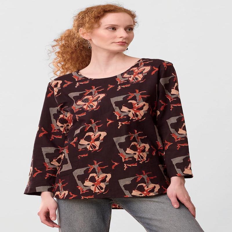 Divya Long-Sleeve Popover Top - Black/Multi