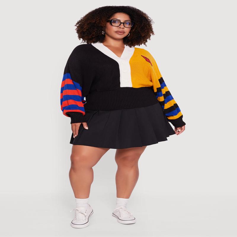 Plus Size Color Blocked Striped W Patch Graphic Sweater
