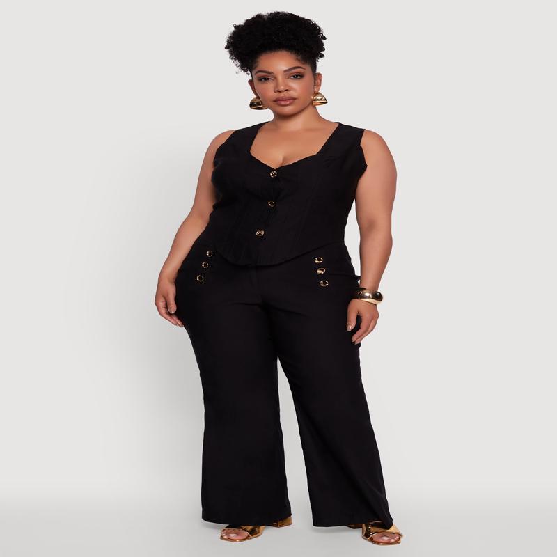 Plus Size Wide Leg Sailor Pants with Faux Buttons
