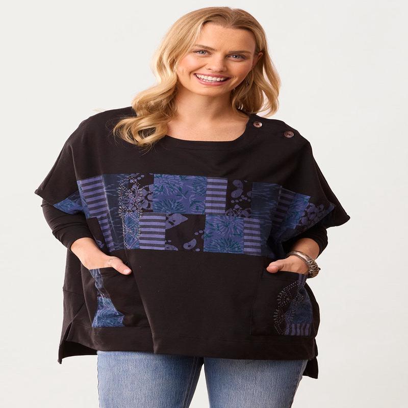 Rhea Organic Cotton French Terry Poncho - Black/Multi/Chindi