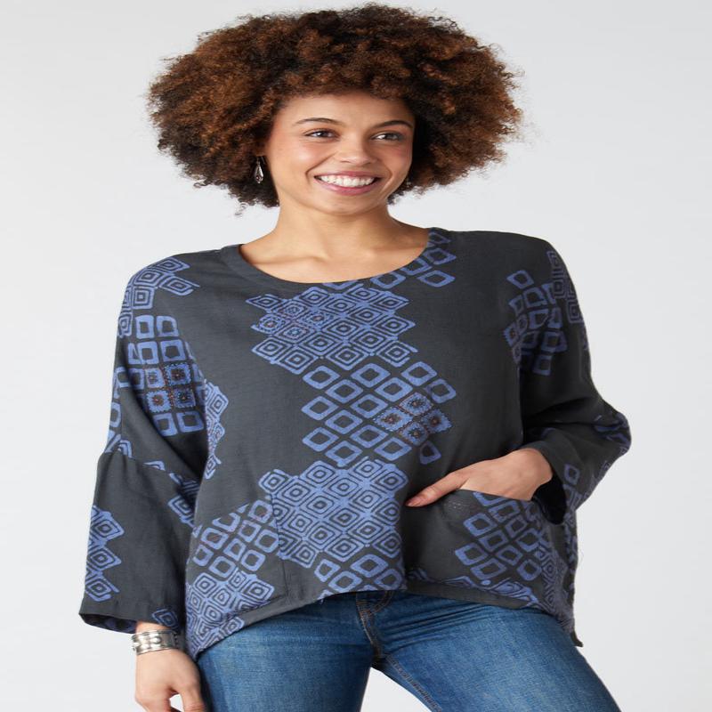Rimsha Long-Sleeve Popover Swing Top - Fossil/Periwinkle