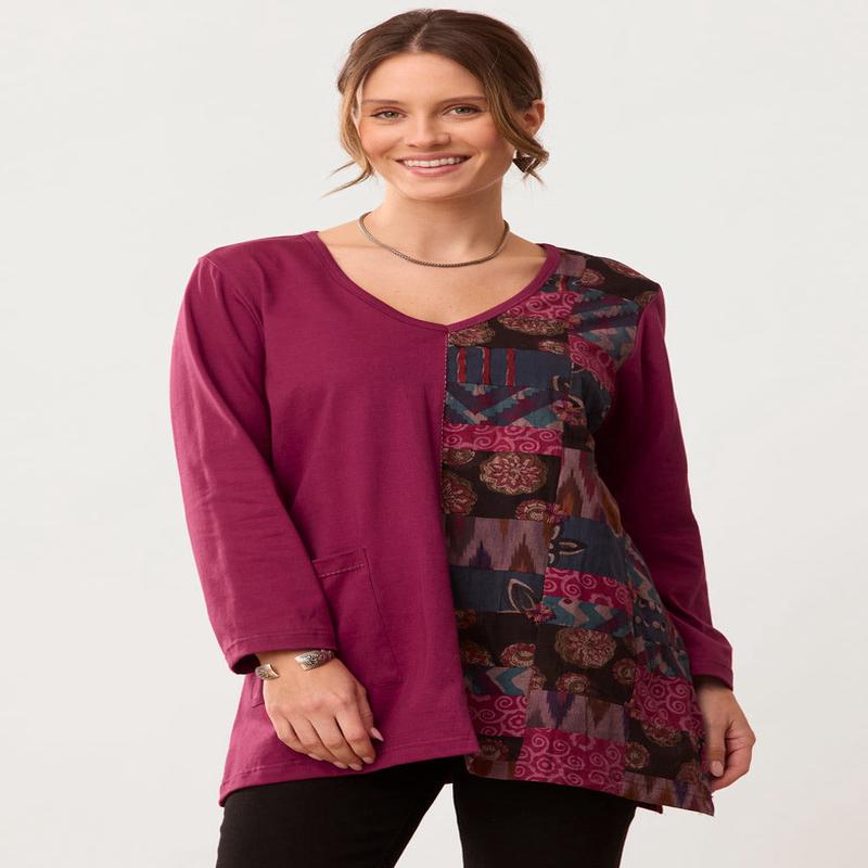 Rushila Upcycled Patchwork V-neck Tunic - Black cherry/Multi