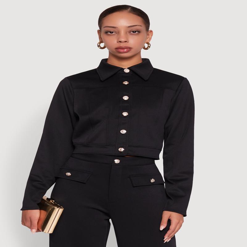 Scuba Metallic Button Front Cropped Shacket