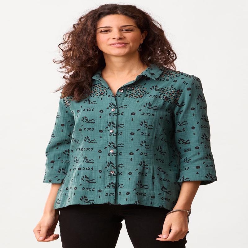 Shafna Double Gauze Slightly-Shaped Shirt - Dusty Teal