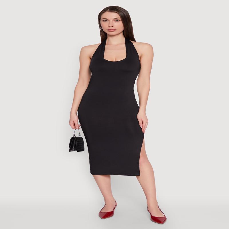 Side Slit Halter Neck Midi Dress