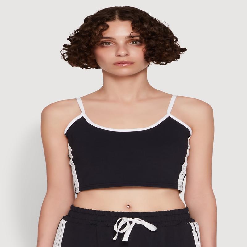Stylish Contrast Trim Cropped Cami with Varsity Stripes