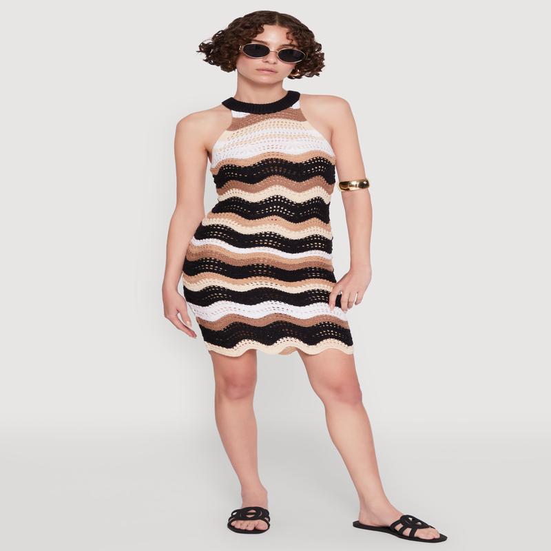 Wavy Stripe Crochet Halter Dress