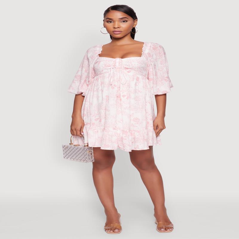 Chic Toile de Jouy Puff Sleeve Peasant Dress