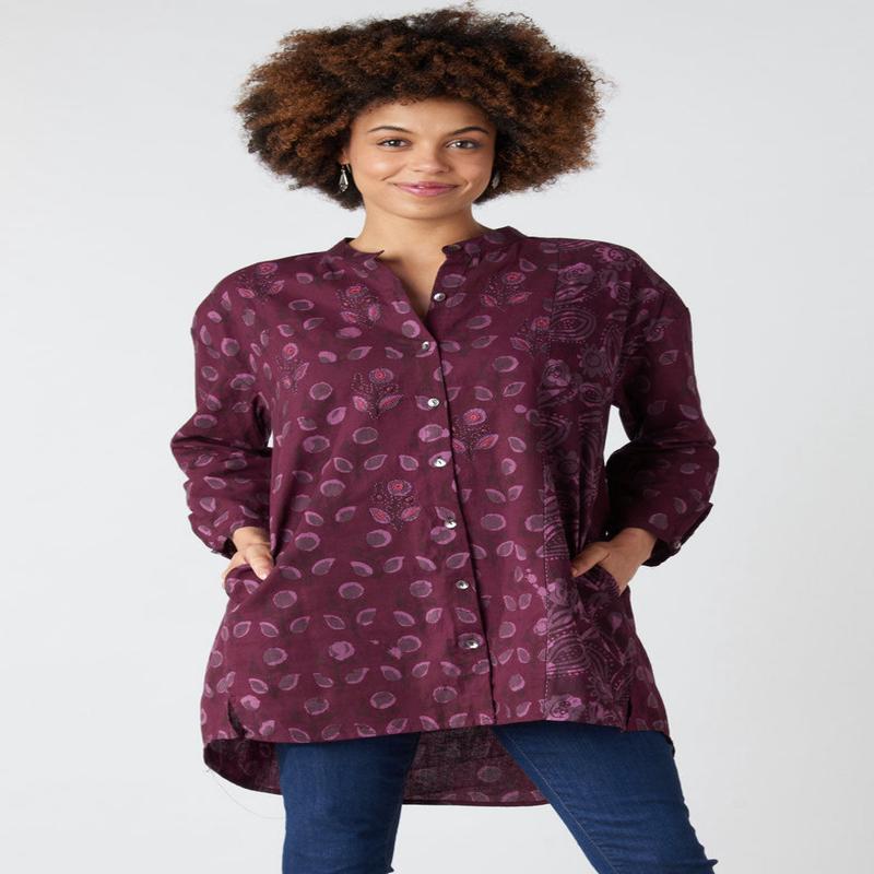 Chitrani Band Collar Oversized Shirt - Eggplant/Multi
