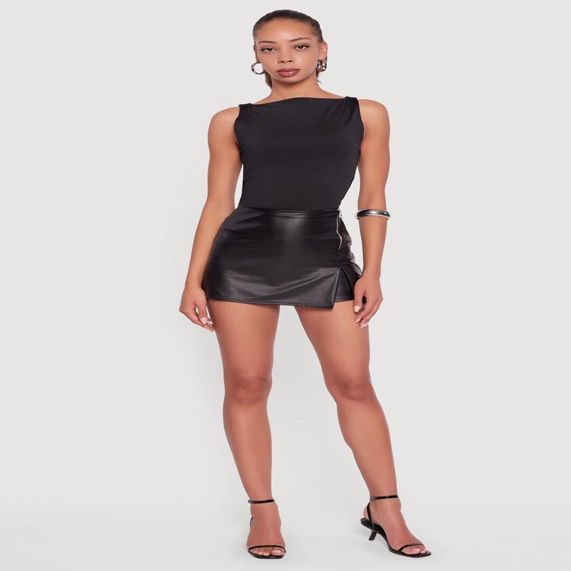 Faux Leather Side Slit Skort