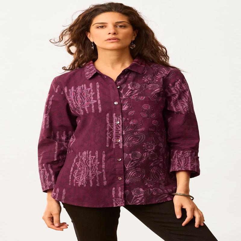 Haima Batik Print Classic Collar Shirt - Eggplant/Multi