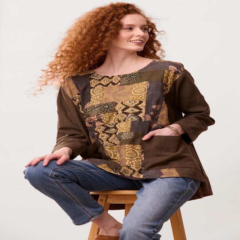 Sanija Upcycled Patchwork Boxy Top - Walnut/Multi/Chindi