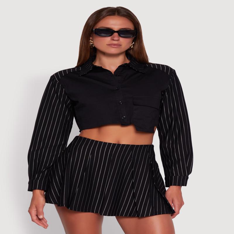 Trendy Pinstripe Detail Cropped Shirt with Flap Pocket