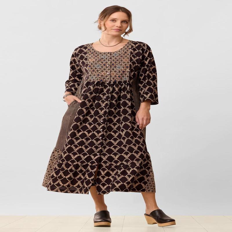 Avika Bracelet-Sleeves Buttondown Long Dress - Black/Natural