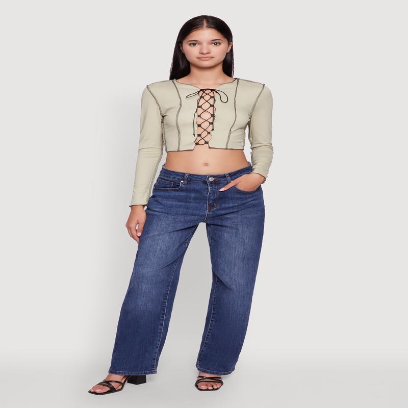 Brushed Knit Lace-Up Long Sleeve Crop Blouse