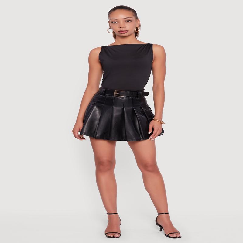 Faux Leather High Waisted Pleated Mini Skirt