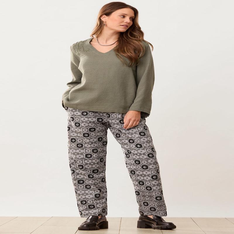 Kavya Block Print French Terry Pant - Heather grey/Black