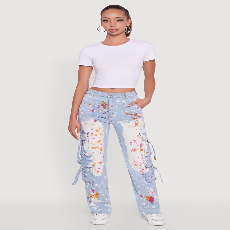 Paint Splattered Straight Leg Cargo Jeans