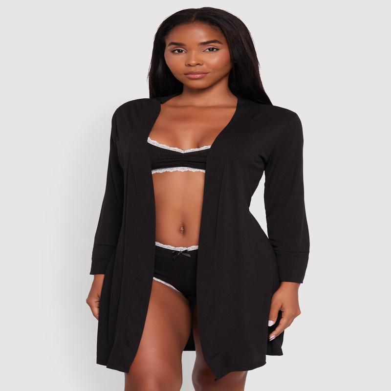 Rib Knit Pajama Bralette and Boyshort Panty with Robe