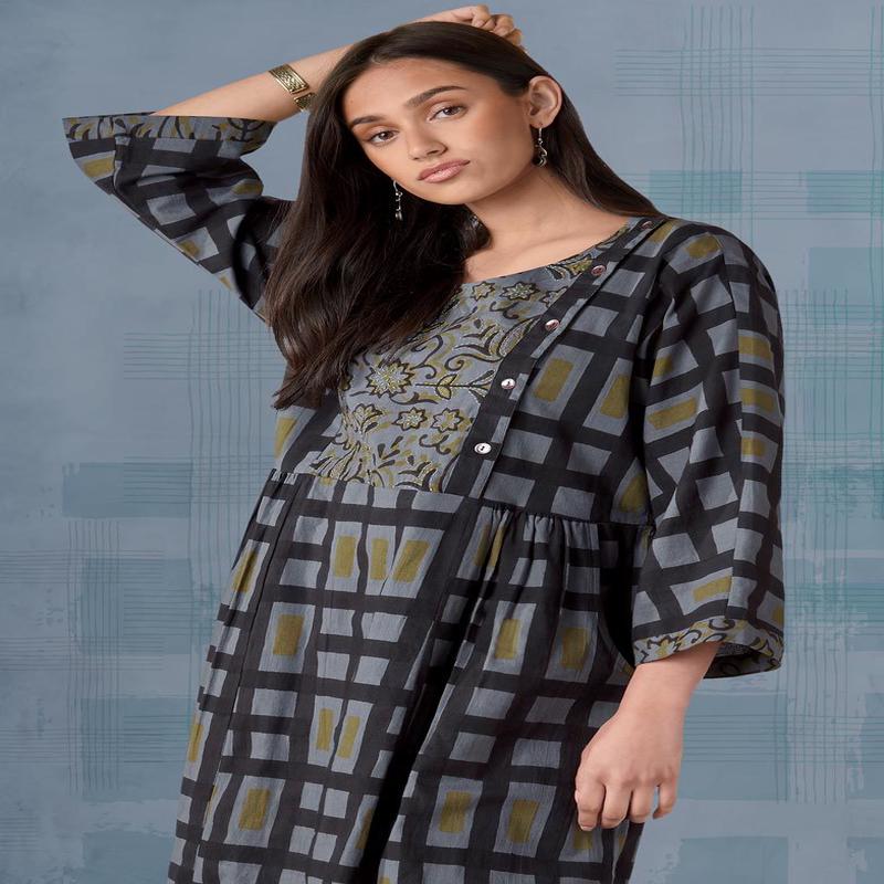 Tanuja Mixed Print Scoop-Neck Dress - Blue/Grey