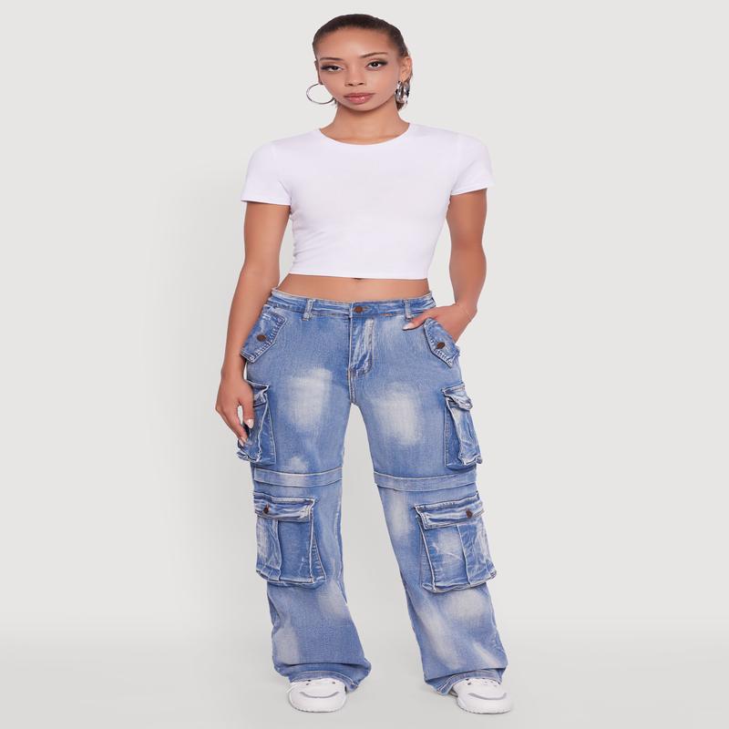 Whiskered Acid Wash Wide Leg Cargo Jeans