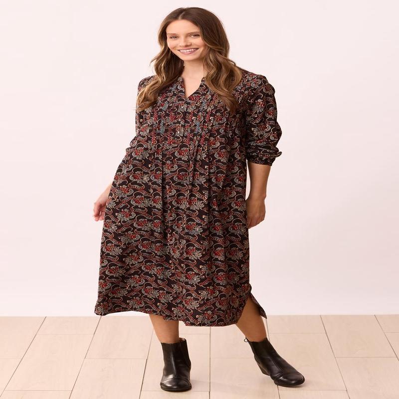 Anvita Long-Sleeve Pleated Midi Shirtdress - Black/Multi