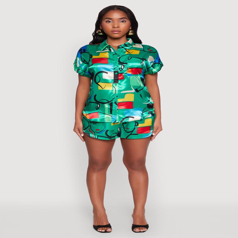 Satin Geometric Print High Waisted Shorts