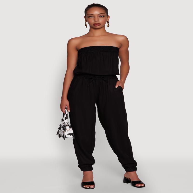 Strapless Smocked Drawstring Waist Jumpsuit