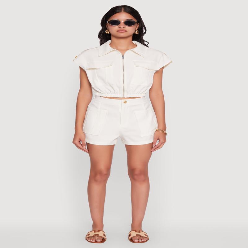 Trendy High Waisted Twill Shorts with Front Pockets