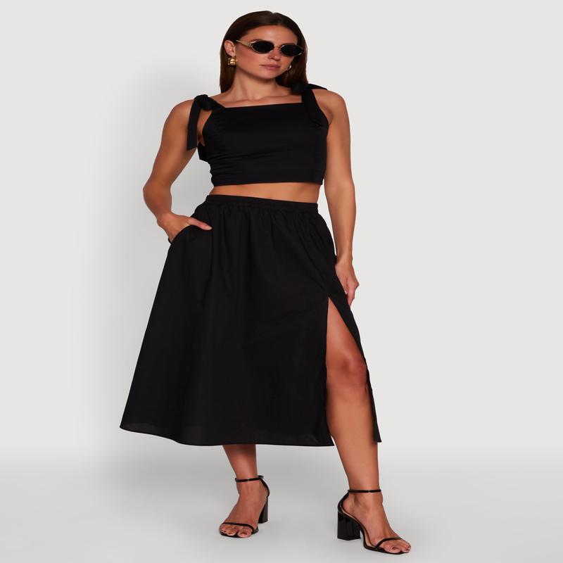 Trendy Poplin High Waisted Side Slit Midi Skirt