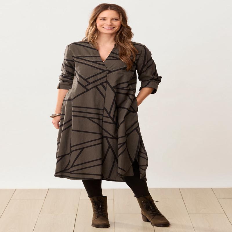 V-Neck Long-Sleeve Kurta Midi Dress - Dark olive