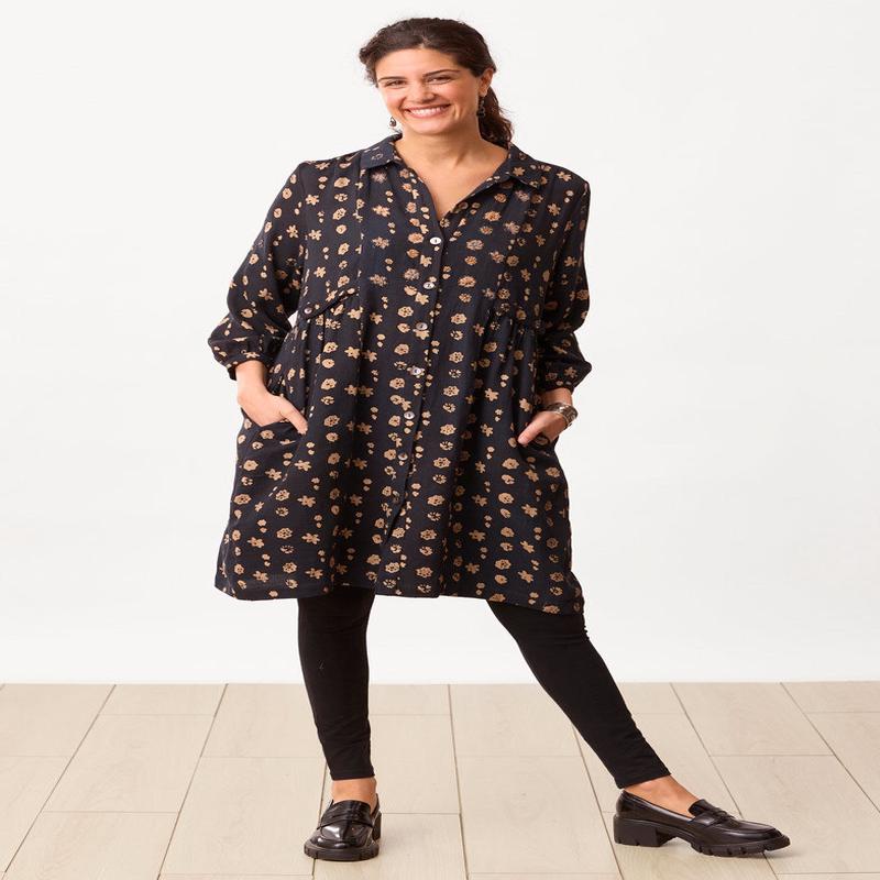 Vamika Button-Front Knee-Length Shirtdress - Black/Shale