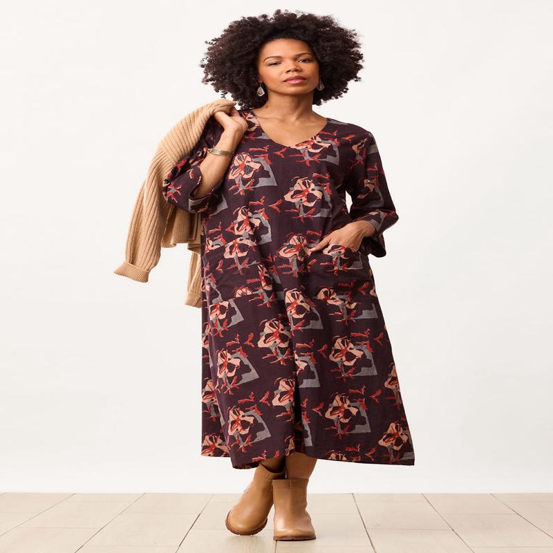 Zarine Natural Dye V-Neck Dress - Black/Multi