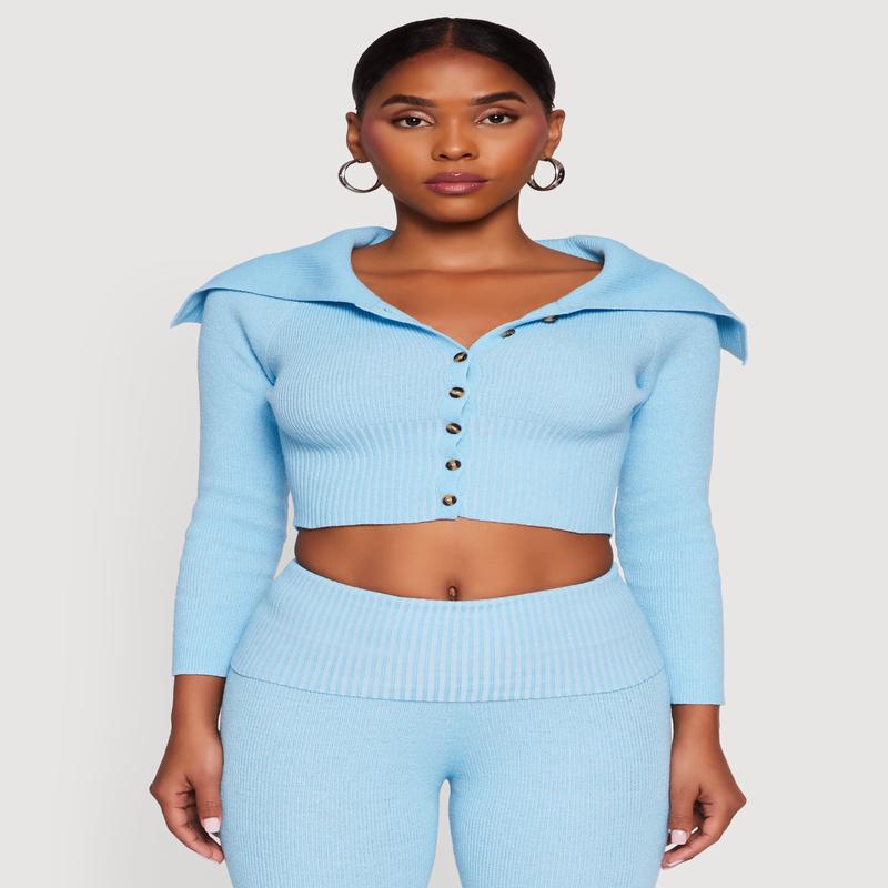 Fold Over Collar Ribbed Knit Button Front Sweater