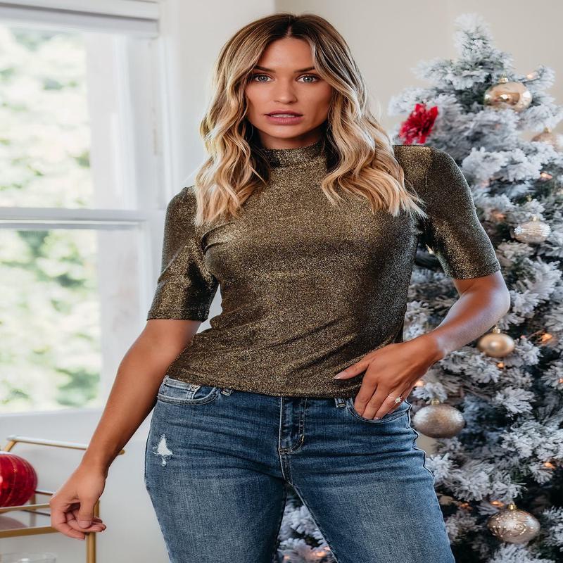 Black And Gold Metallic Mock Neck Top - DOORBUSTER