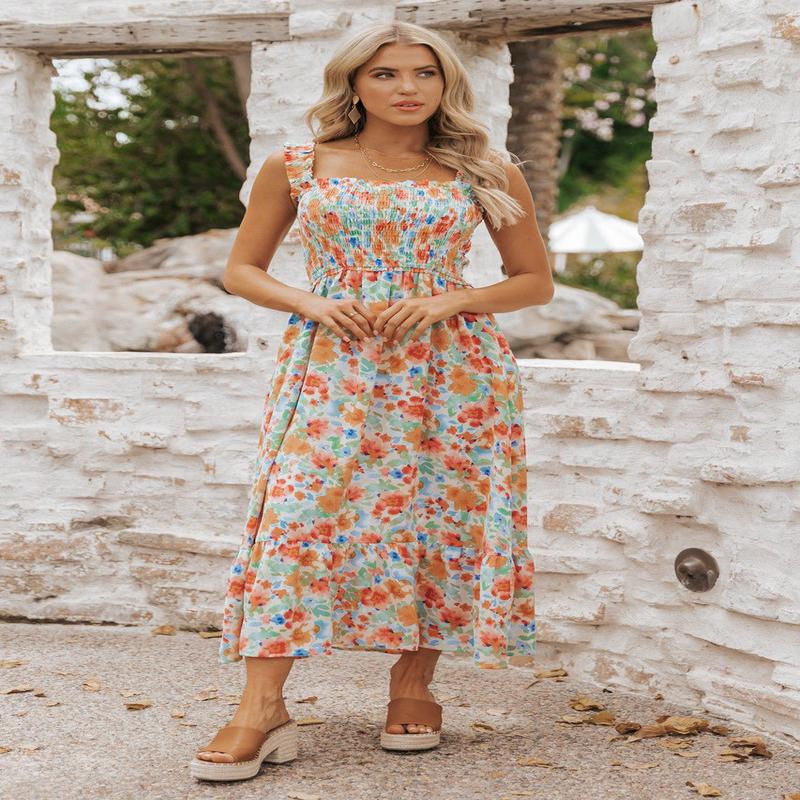 Caribbean Green Floral Smocked Maxi Dress-FINAL SALE