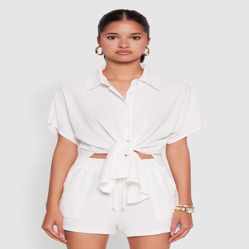 Chic Crepe Knit Shirt with Tie Front and High Low Hem