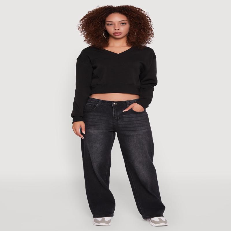 Fleece Lined V-Neck Crop Sweatshirt