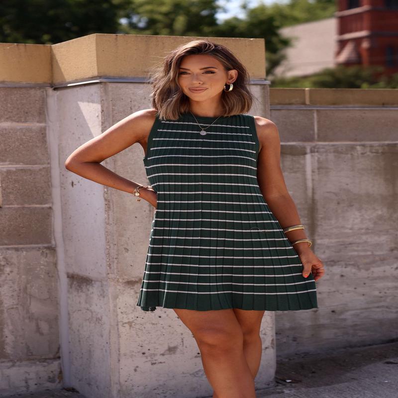 Green Stripe Pleated Mini Dress - DOORBUSTER