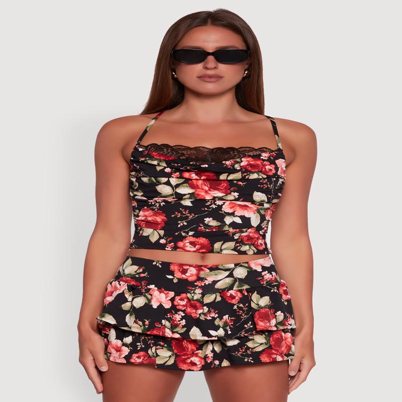 Haute Monde Floral Print Lace Detail Crop Top