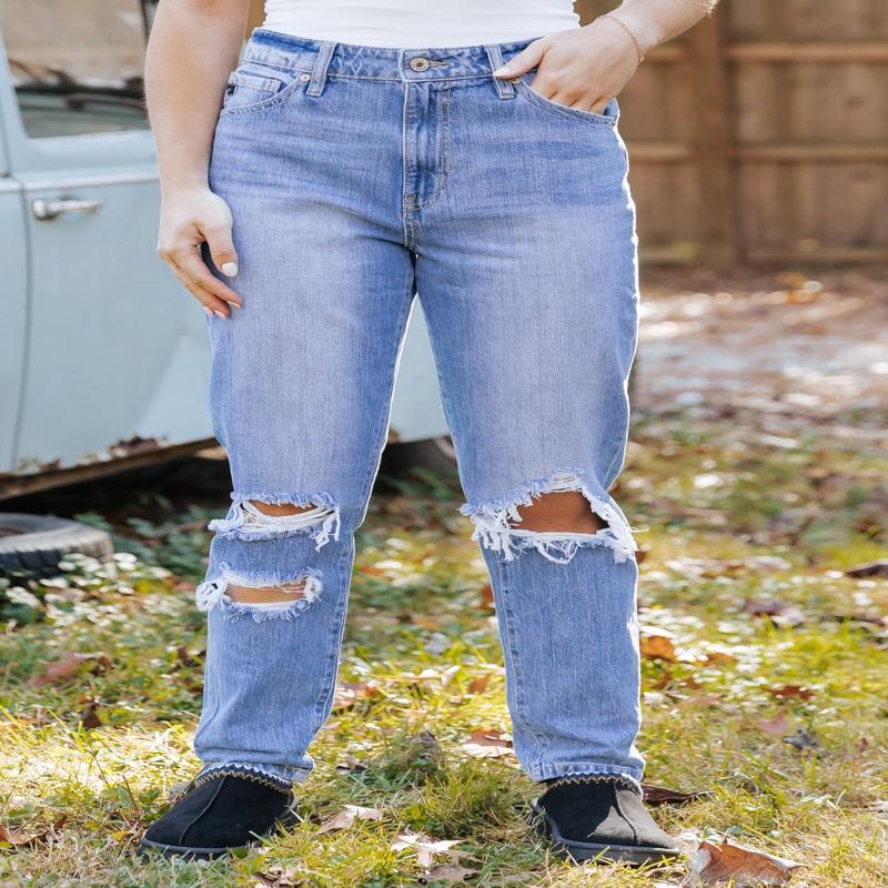 Light Wash High Rise Distressed Mom Jeans -  DOORBUSTER