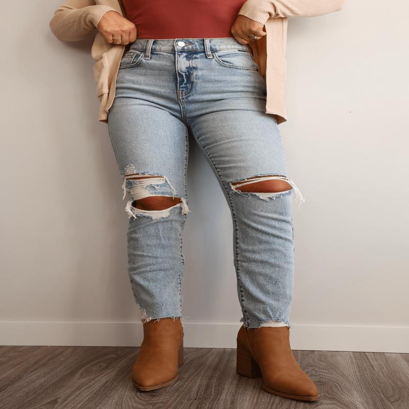 Light Wash High Rise Distressed Straight Leg Jeans - FINAL SALE