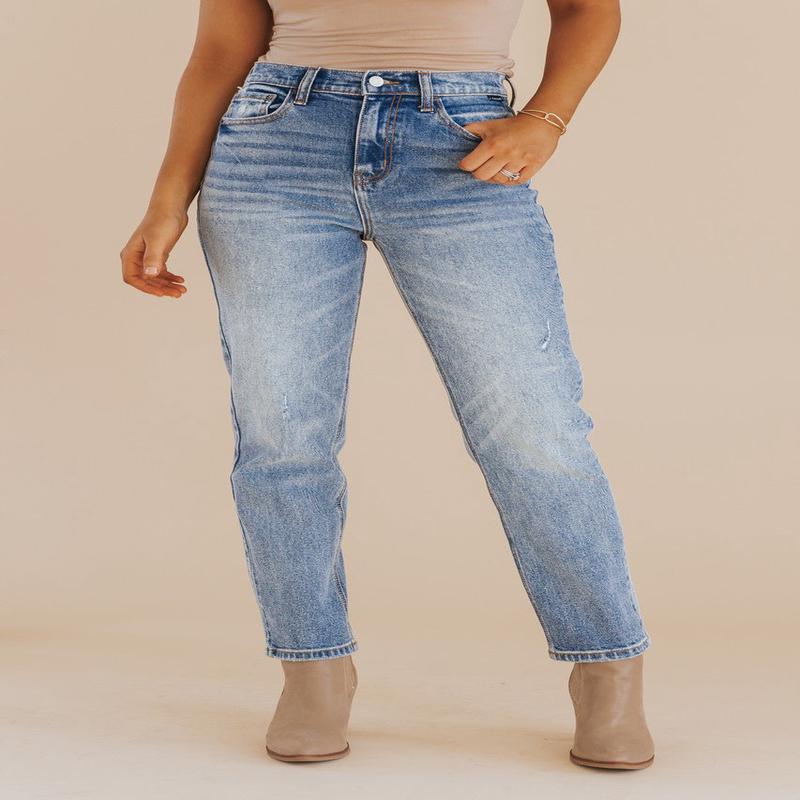 Medium Wash High Rise Straight Denim Jeans