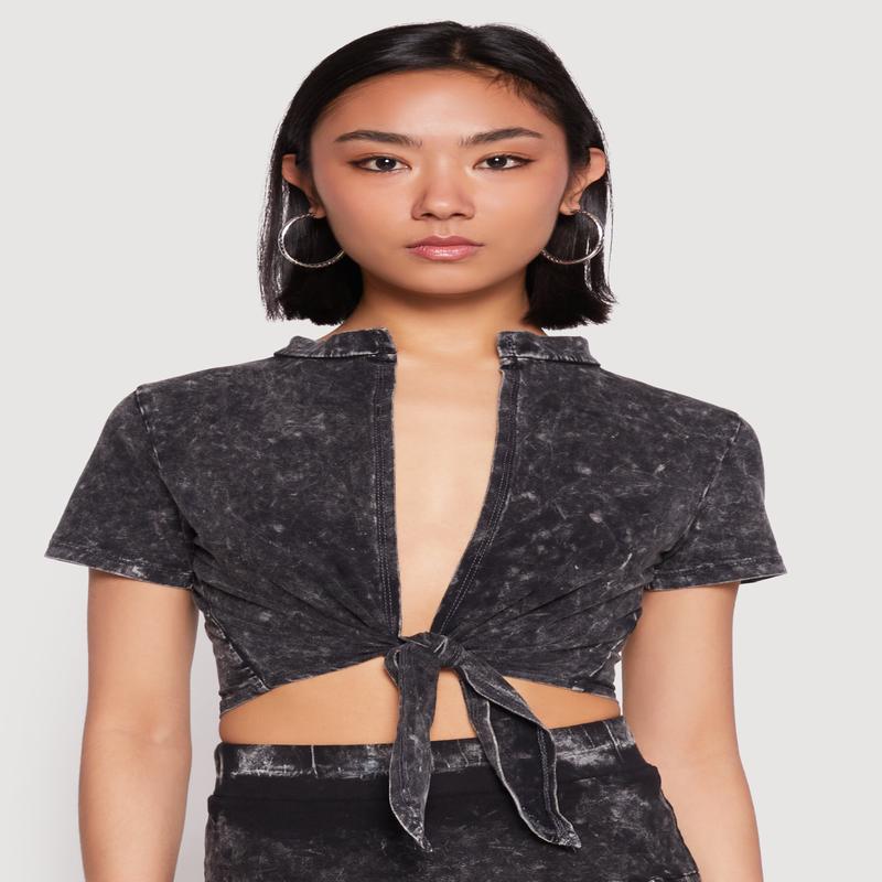Mineral Wash Tie Front Crop Top