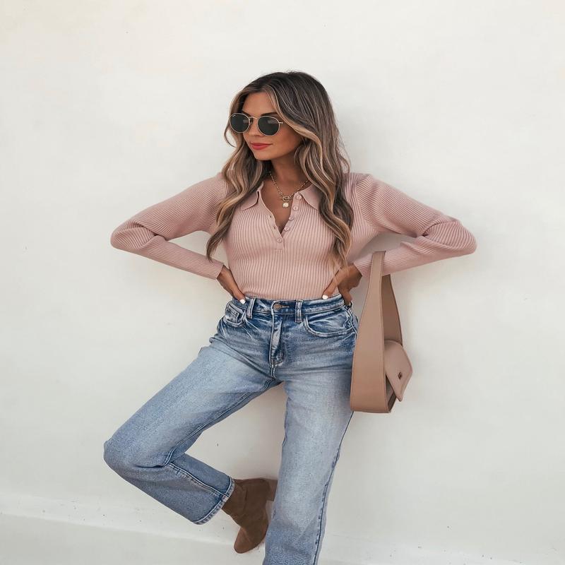 Pink Ribbed V-Neck Button Up Top