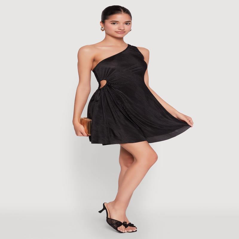 Plisse One Shoulder Drawstring Keyhole Mini Dress