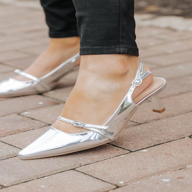 Sleek Silver Buckle Detail Slingback Heels - DOORBUSTER