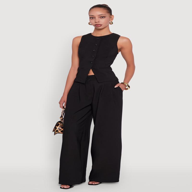 Solid Crepe Knit Pleated Detail Wide Leg Trousers